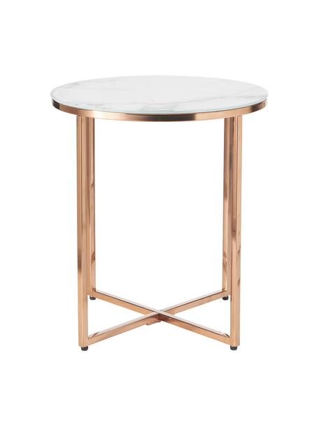 Runder Beistelltisch Antigua mit Glasplatte in Marmor-Optik, Tischplatte: Glas, matt bedruckt, Gestell: Metall, vermessingt, Marmor-Optik Weiss, Messingfarben, Ø 45 x H 50 cm