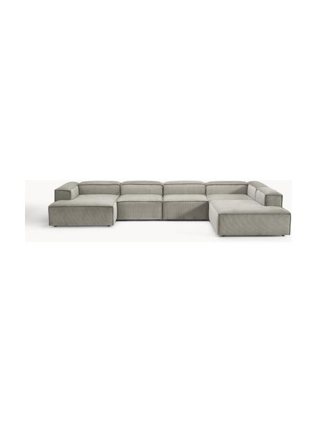 Sofa modułowa ze sztruksu Lennon, Tapicerka: sztruks (92% poliester, 8, Stelaż: lite drewno sosnowe, skle, Nogi: tworzywo sztuczne Ten pro, Szary sztruks, S 418 x G 269 cm, prawostronna