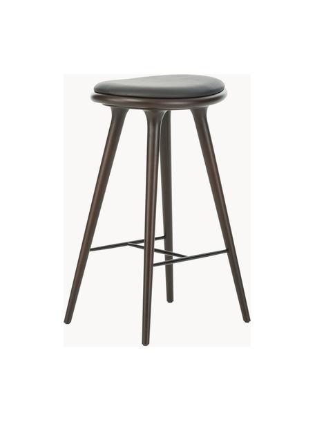 Barkruk High Stool van beukenhout en leer, Poten: beukenhout gebeitst, Zitvlak: leer, Beukenhout donkerbruin gelakt, leer zwart, B 45 x H 69 cm