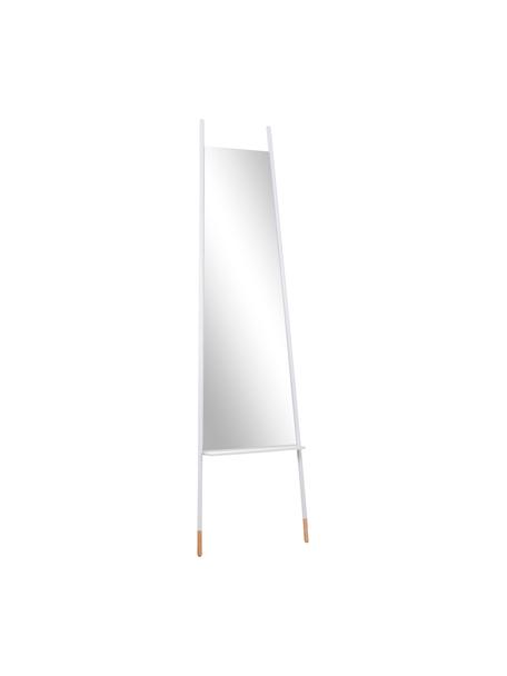 Specchio da terra con mensola Leaning, Cornice: metallo, Piedini: legno, Superficie dello specchio: lastra di vetro, Bianco, beige, Larg. 48 x Alt. 171 cm