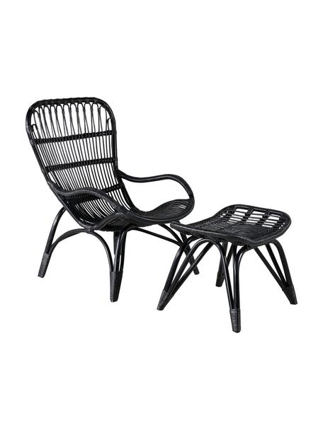 Ratanové záhradné kreslo s podnožkou Ella, Ratan, polyester, Čierna, Š 66 x H 131 cm