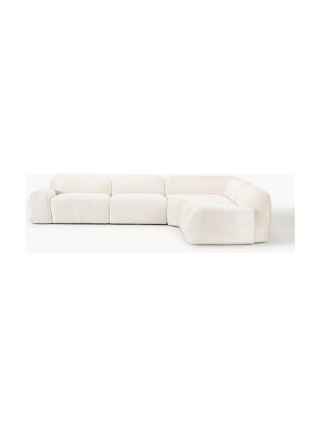 Narożna sofa modułowa (4-osobowa) Teddy-Bouclé Wolke, Tapicerka: Teddy-Bouclé (100% polies, Stelaż: drewno sosnowe, drewno św, Nogi: tworzywo sztuczne Ten pro, Teddy-Bouclé w odcieniu złamanej bieli, S 349 x G 262 cm