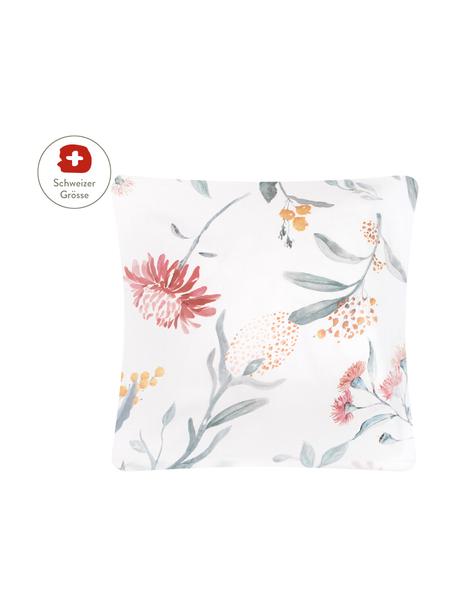 Baumwollsatin-Kissenbezug Evie mit Aquarell Blumen-Muster, 65 x 65 cm, Webart: Satin Fadendichte 210 TC,, Weiss, Bunt, B 65 x L 65 cm