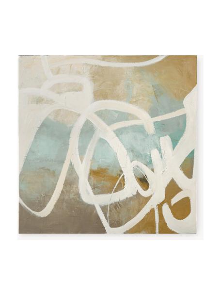 Peinture sur toile peinte à la main Notify, Blanc cassé, bleu ciel, doré, gris, larg. 98 x haut. 98 cm