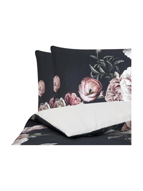 Katoensatijnen dekbedovertrek Blossom, Weeftechniek: satijn Draaddichtheid 210, Zwart, met bloemenprint, 200 x 200 cm + 2 kussenhoezen 60 x 70 cm