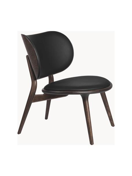 Poltrona lounge in pelle con gambe in legno Rocker, fatta a mano, Struttura: legno di quercia Questo p, Nero, legno di quercia scuro, Larg. 65 x Prof. 69 cm