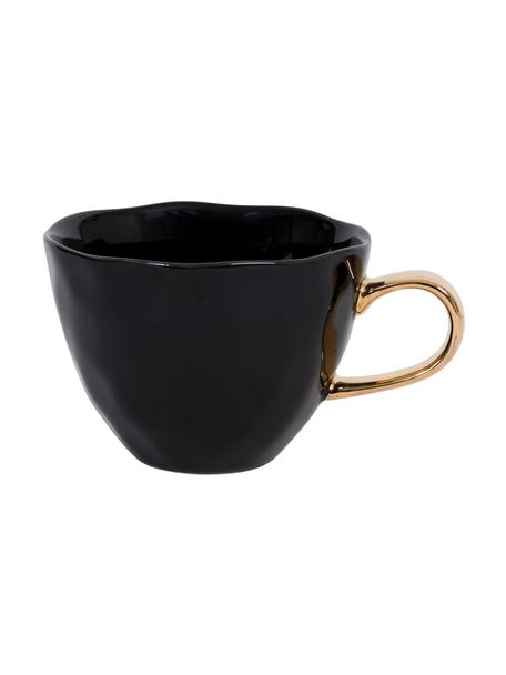 Tasse à thé avec poignée dorée Good Morning, Grès cérame, Noir, couleur dorée, Ø 11 x haut. 8 cm, 350 ml
