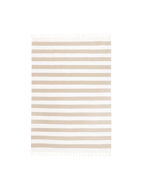 Tapis à rayures en coton, tissé à la main, 100 % coton, certifié GRS, Blanc crème, taupe, larg. 200 x long. 300 cm (taille L)