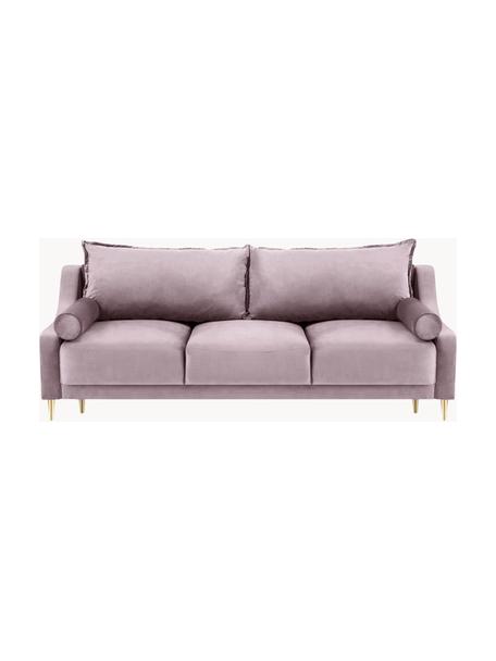 Divano letto 3 posti in velluto lavanda con contenitore Lea, Rivestimento: velluto di poliestere Il , Piedini: metallo verniciato a polv, Velluto color lavanda, ottonato, Larg. 215 x Alt. 94 cm