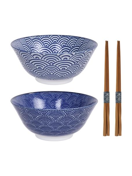 Komplet ręcznie wykonanych miseczek z porcelany z pałeczkami Nippon, 4 elem., Niebieski, biały, brązowy, Komplet z różnymi rozmiarami