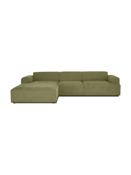 Sofa narożna ze sztruksu Melva (4-osobowa), Tapicerka: sztruks (92% poliester, 8, Stelaż: lite drewno sosnowe, cert, Nogi: tworzywo sztuczne, Zielony sztruks, S 319 x G 196 cm, lewostronna