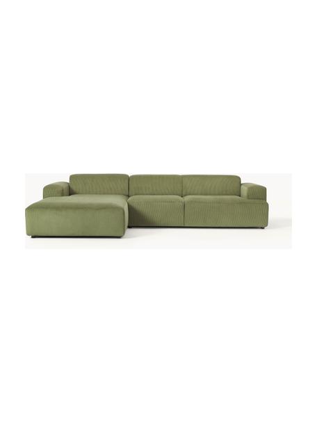 Cord-Ecksofa Melva (4-Sitzer), Bezug: Cord (92% Polyester, 8% P, Gestell: Massives Kiefernholz, Spa, Füße: Kunststoff Dieses Produkt, Cord Olivgrün, B 319 x T 195 cm, Eckteil links