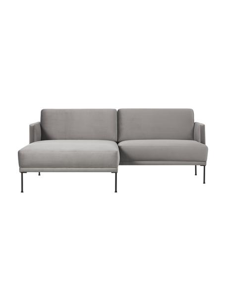 Divanetto angolare in velluto con piedini in metallo Fluente, Rivestimento: velluto (100% poliestere), Struttura: legno di pino massiccio, , Piedini: metallo verniciato a polv, Velluto grigio chiaro, Larg. 198 x Prof. 152 cm, chaise-longue a sinistra