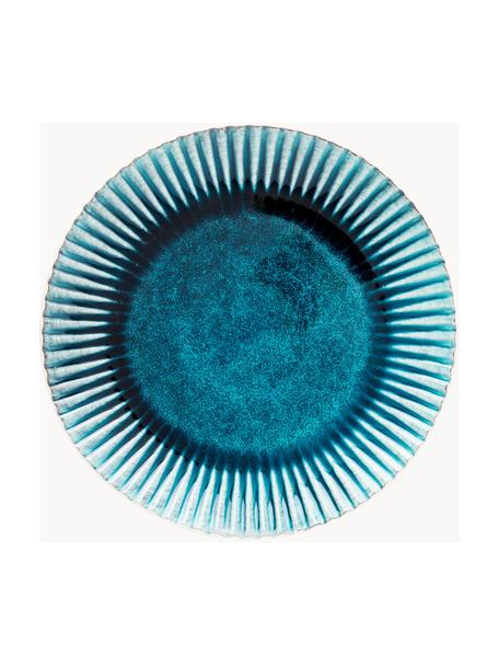 Assiettes plates faites main Mustique, 4 pièces, Grès cérame, émaillé, Turquoise, bleu foncé, blanc, Ø 29 cm