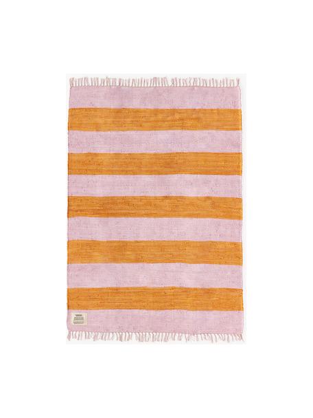 Handgeweven katoenen vloerkleed Chindi met franjes, 100% katoen, Lavendel, oranje, B 60 x L 90 cm (maat XXS)