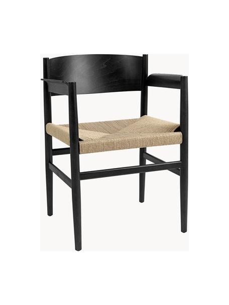 Ręcznie wykonane krzesło z podłokietnikami z plecionym siedziskiem Nestor, Stelaż: drewno bukowe z certyfika, Jasny beżowy, czarny, S 56 x G 53 cm