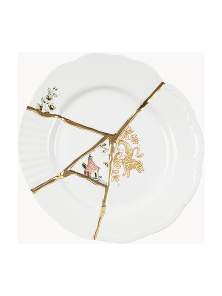 Piatto da colazione in porcellana di design Kintsugi, Bianco con motivo floreale e drago giapponese, Ø 21 cm
