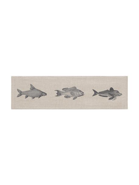 Chemin de table en lin sérigraphié à la main Fish, 100 % pur lin, Grège, anthracite, larg. 43 x long. 150 cm