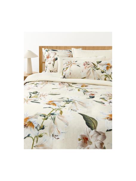 Funda nórdica de satén con estampado floral Flori, Beige claro, multicolor, Cama 90 cm (155 x 220 cm)