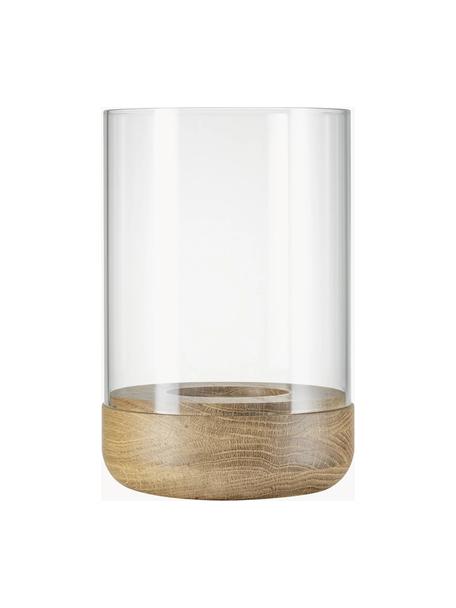 Windlicht Lanto aus Glas, H 23 cm, Windlicht: Glas, Sockel: Eichenholz, Transparent, Helles Holz, Ø 15 x H 23 cm