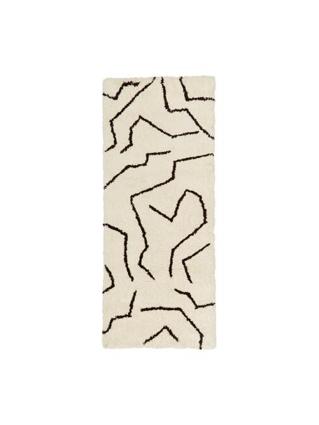 Handgetufte hoogpolige loper Davin in crèmekleur, Bovenzijde: 100% polyester-microvezel, Onderzijde: gerecycled polyester, Crèmekleurig & zwart, met patroon, B 80 x L 200 cm