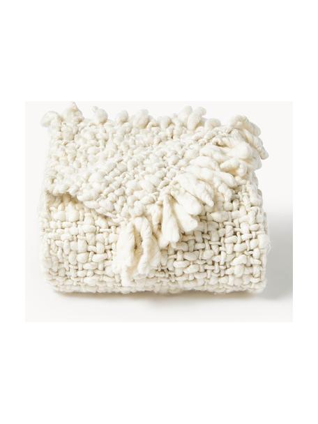 Plaid en laine à grosses mailles fait main avec franges Belen, Blanc cassé, larg. 130 x long. 170 cm