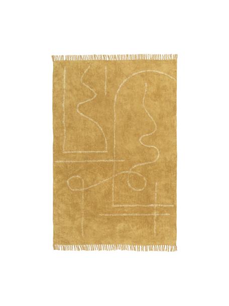 Handgetuft katoenen vloerkleed Lines met franjes, Geel, B 80 x L 150 cm (maat XS)
