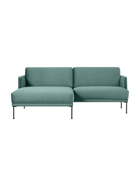 Divanetto angolare in velluto con piedini in metallo Fluente, Rivestimento: velluto (100% poliestere), Struttura: legno di pino massiccio, , Piedini: metallo verniciato a polv, Velluto verde chiaro, Larg. 198 x Prof. 152 cm, chaise-longue a sinistra