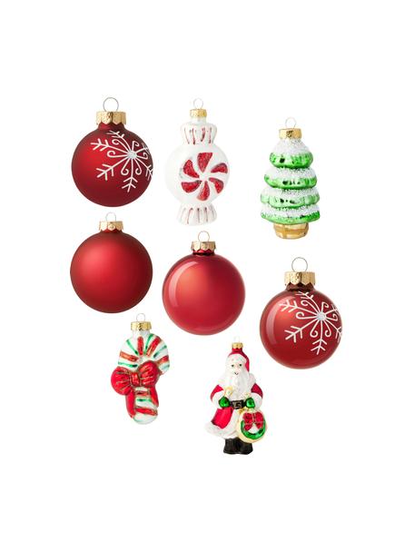 Kerstboomhangersset Glitter van glas, 20-delig, Glas, Rood, wit, groen, goudkleurig, Set met verschillende formaten