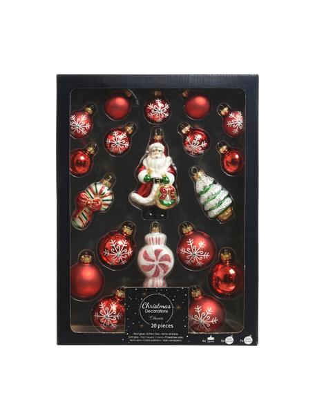 Baumanhänger-Set Glitter aus Glas, 20-tlg., Glas, Rot, Weiß, Grün, Goldfarben, Set mit verschiedenen Größen