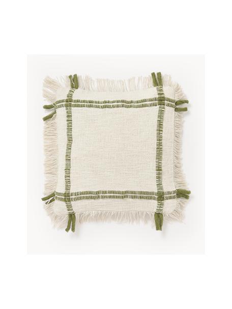 Housse de coussin artisanale en coton avec franges Catalina, Beige clair, vert olive, larg. 45 x long. 45 cm