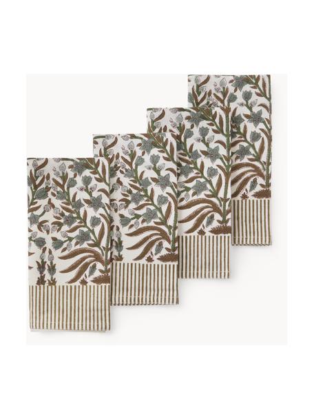 Serviettes avec motif à fleurs Jasmine, 4 pièces, 100 % coton, Vert olive, brun, blanc cassé, larg. 45 x long. 45 cm (taille M)