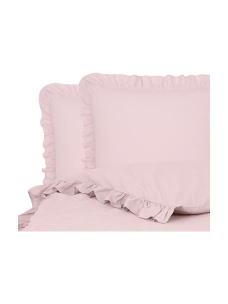 Gewassen katoenen dekbedovertrek Florence met franjes, Weeftechniek: perkal Draaddichtheid 180, Roze, 240 x 220 cm + 2 kussenhoezen 60 x 70 cm