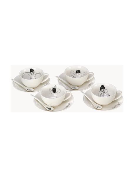 Sada ručně malovaných šálků na kávu s podšálky a lžičkami Undressed, 4 díly, Porcelán, Tlumeně bílá, Ø 10 cm, V 6 cm, 220 ml