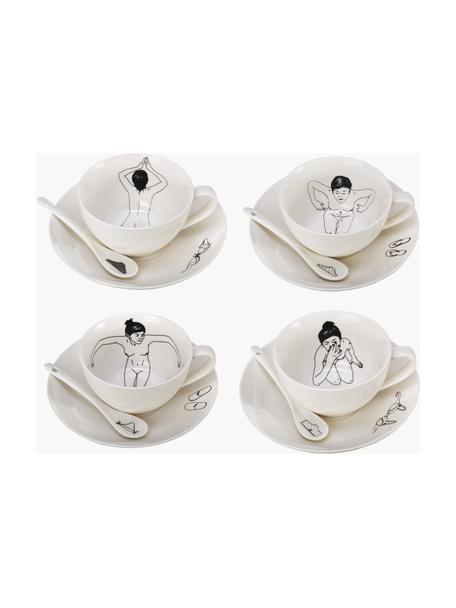 Handbeschilderde koffiekopjes Undressed met schoteltjes en lepels, set van 4, Porselein, Off White, Ø 10 x H 6 cm, 220 ml