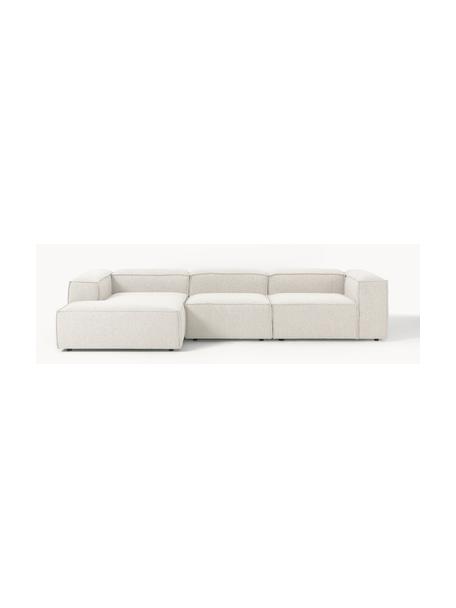 Divano angolare componibile in bouclé Lennon, Rivestimento: bouclé (100% poliestere) , Struttura: legno di pino massiccio, , Piedini: plastica Questo prodotto , Bouclè bianco latte, Larg. 327 x Prof. 180 cm, chaise loungue a sinistra