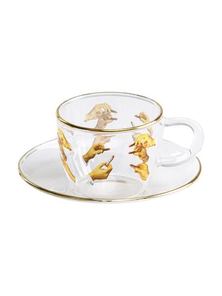 Tazzina di design con piattino Toiletpaper, Bordo: oro, Mani con rossetti, Ø 7 x Alt. 5 cm, 110 ml