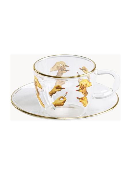Taza de café con platito de diseño Lipsticks, Borde: oro, Manos con pintabios, Ø 7 x Al 5 cm, 110 ml