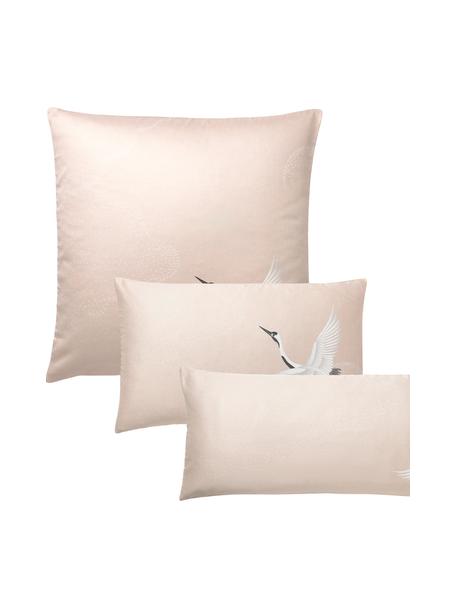 Federa in raso di cotone con motivo cicogna Yuma, Rosa, Larg. 50 x Lung. 80 cm
