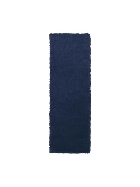 Fluffy hoogpolige loper Leighton in donkerblauw, Onderzijde: 70% polyester, 30% katoen, Donkerblauw, B 80 x L 250 cm