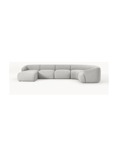 Set divano componibile in bouclé Sofia, Rivestimento: bouclé (100 % poliestere), Struttura: legno di abete rosso, cer, Piedini: plastica, Bouclé grigio chiaro, Larg. 404 x Prof. 231 cm, chaise longue a destra