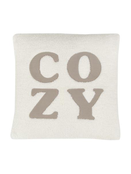 Funda de cojín de borreguillo bordada Cozy, 100% poliéster (borreguillo), Crema, beige, An 45 x L 45 cm