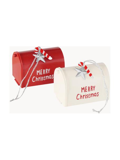 Adornos navideños Santa's Mailbox, 2 uds., Metal, pintado, poliéster, Rojo, blanco, plateado, An 9 x Al 7 cm