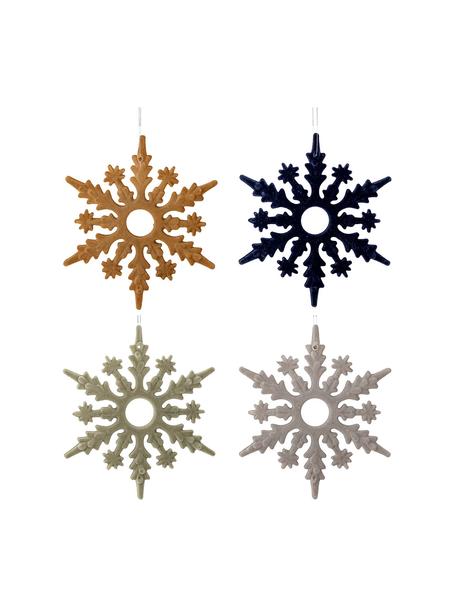 Adornos navideños irrompibles Snowflakes, 4 uds., Figura: plástico, poliéster, Mostaza, azul oscuro, verde menta, gris, Ø 15 cm
