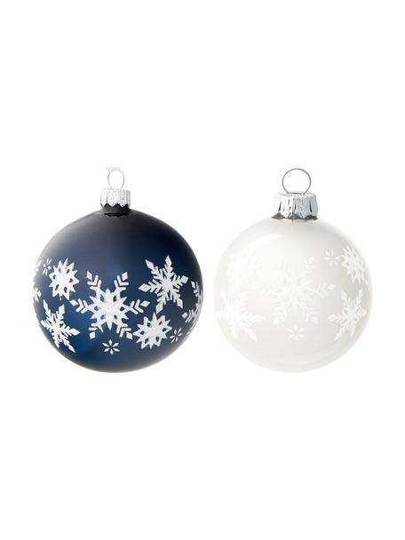 Boules de Noël soufflées bouche Snowflake Ø 8 cm, 6 élém., Verre, Tons bleus, blanc, couleur argentée, Ø 8 cm