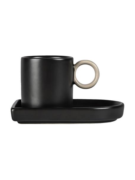 Porseleinen espressokopjes met schoteltjes Niki, 2 stuks, Porselein, Zwart, beige, Ø 6 x H 6 cm, 80 ml