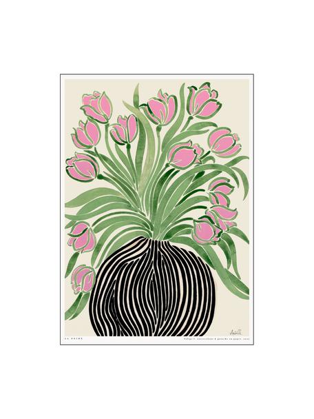 Poster Tulips 1, Beige clair, tons verts et roses, larg. 30 x haut. 40 cm