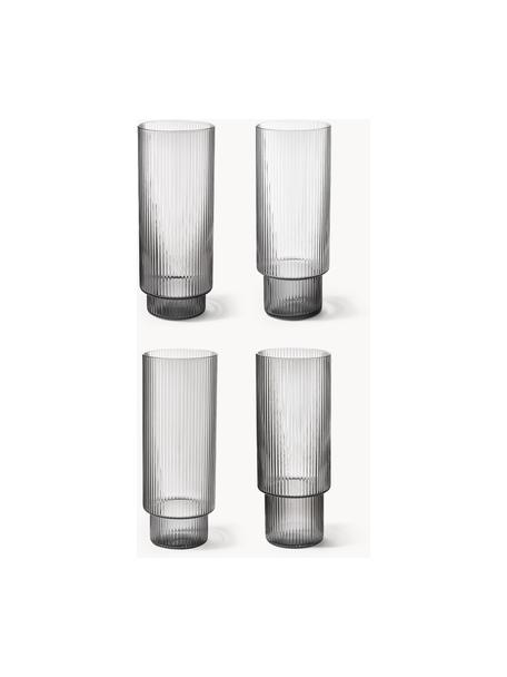 Vasos soplados con relieves Ripple, 4 uds., Vidrio soplado artesanalmente, Gris transparente brillante, Ø 6 x Al 14 cm, 300 ml