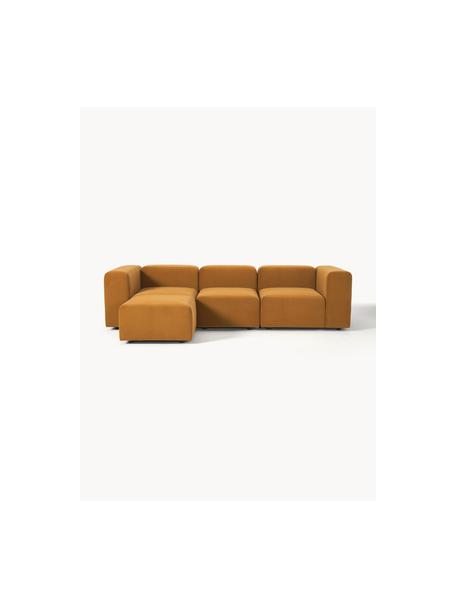 Modulares Samt-Sofa Lena (4-Sitzer) mit Hocker, Bezug: Samt (100 % Polyester) De, Gestell: Kiefernholz, Schichtholz,, Samt Ockergelb, B 284 x T 181 cm