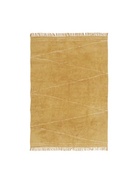 Handgetuft katoenen vloerkleed Asisa met zigzaggend patroon en franjes, Mosterdgeel, beige, B 160 x L 230 cm (maat M)